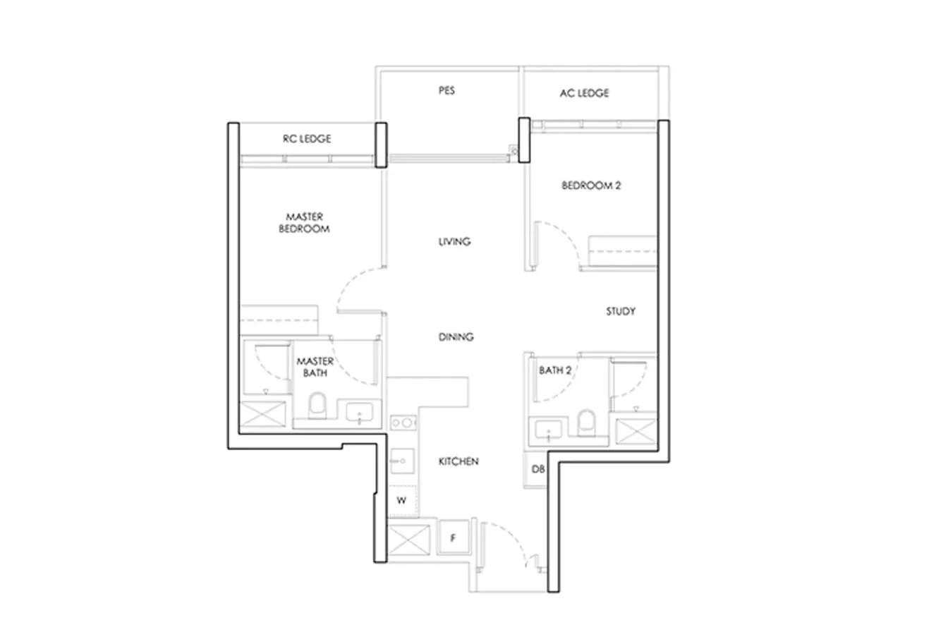 Hougang Central Residences 2-bedroom indicative layout template — master bedroom, bedroom 2, study, living and dining, two bathrooms