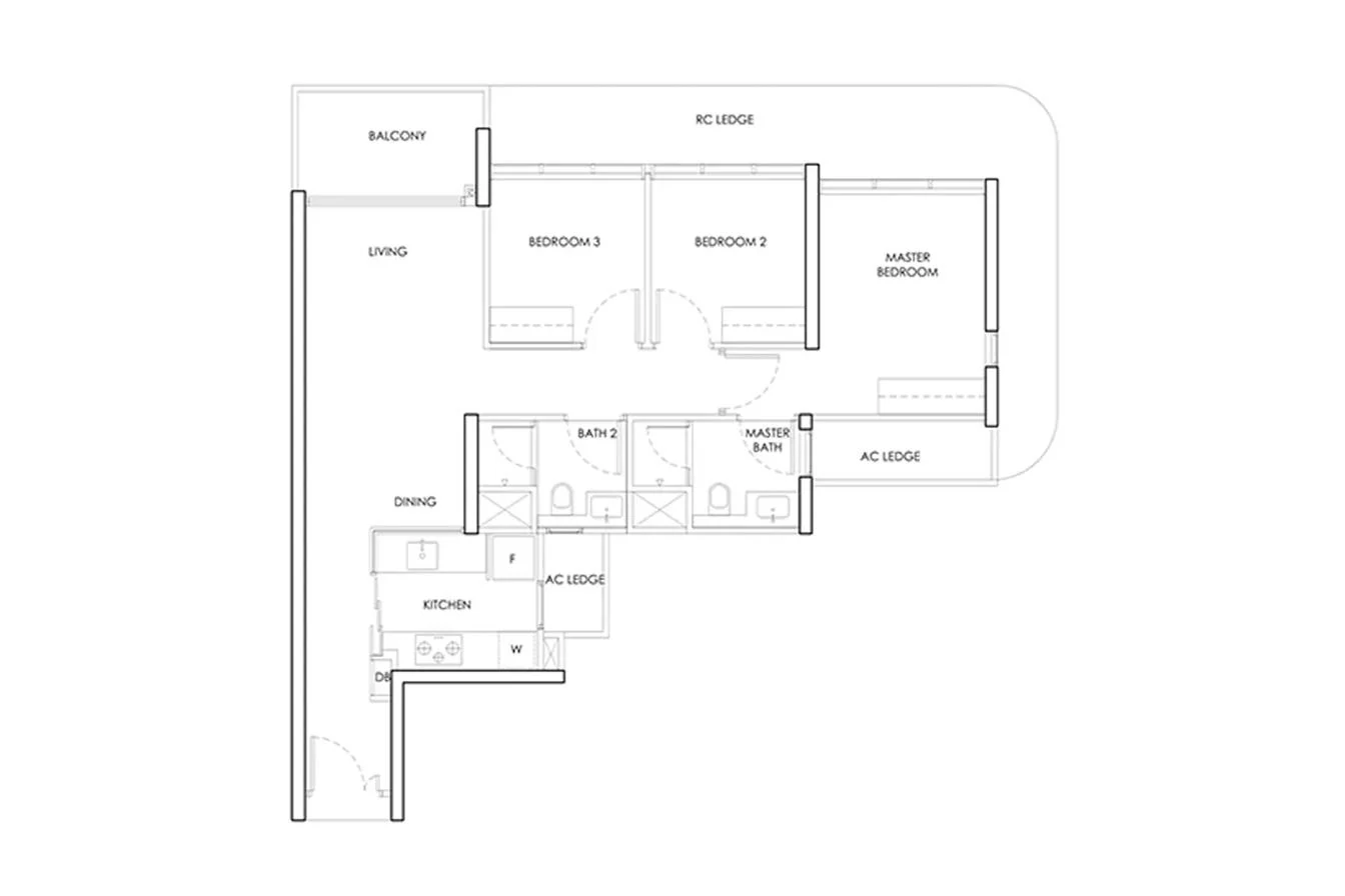 Hougang Central Residences 3-bedroom indicative layout template — master bedroom with ensuite, two bedrooms, balcony, kitchen and dining