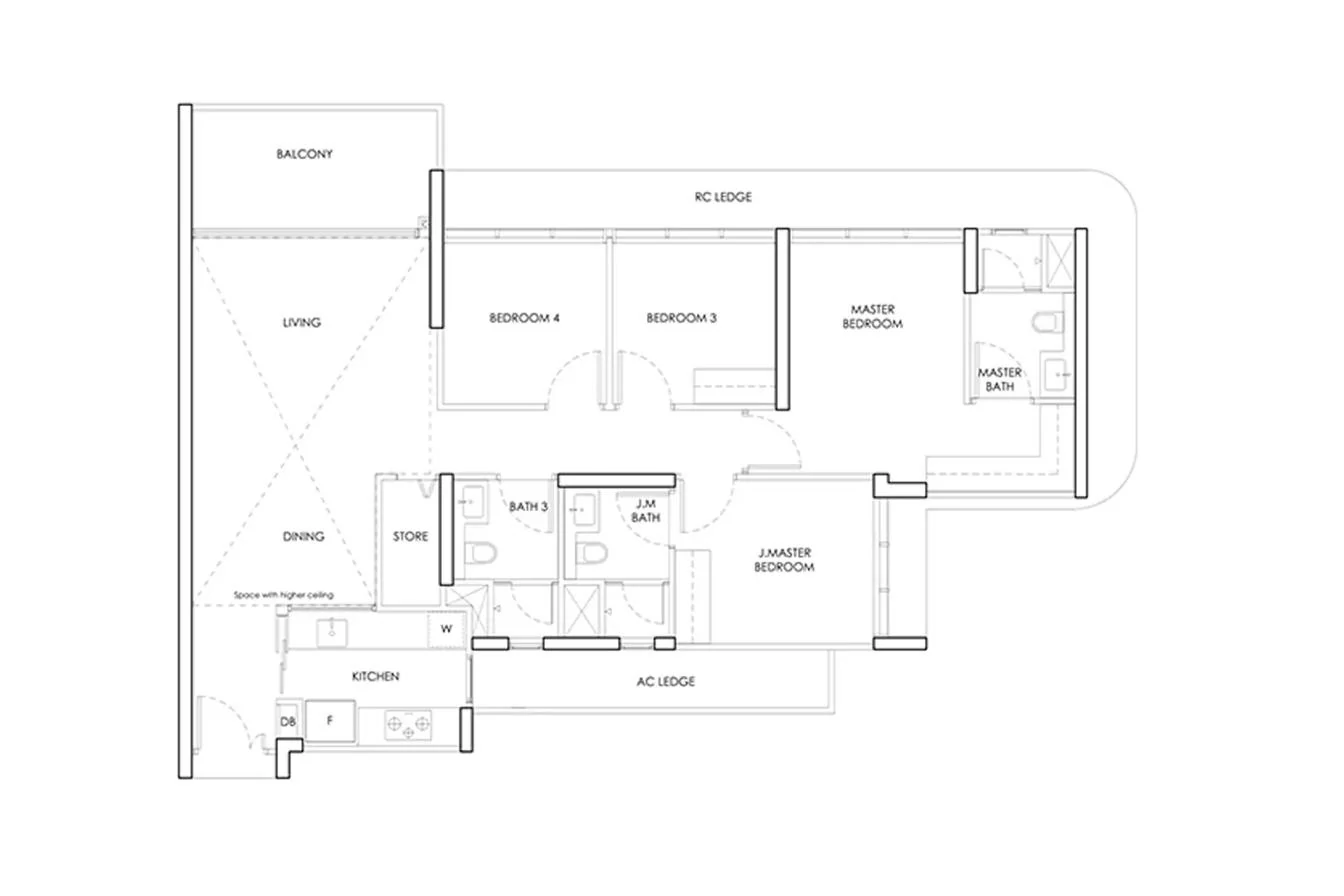 Hougang Central Residences 4-bedroom indicative layout template — master and junior master suites, two further bedrooms, store and three bathrooms