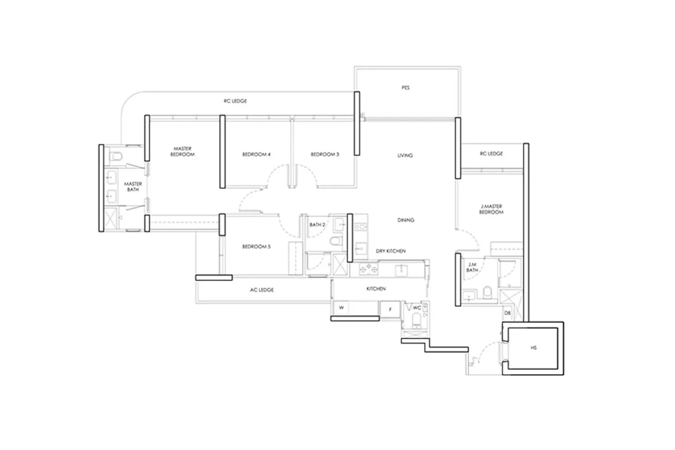 Hougang Central Residences 5-bedroom indicative layout template — five bedrooms including a junior master suite, dry and wet kitchen, helper's room and private enclosed space
