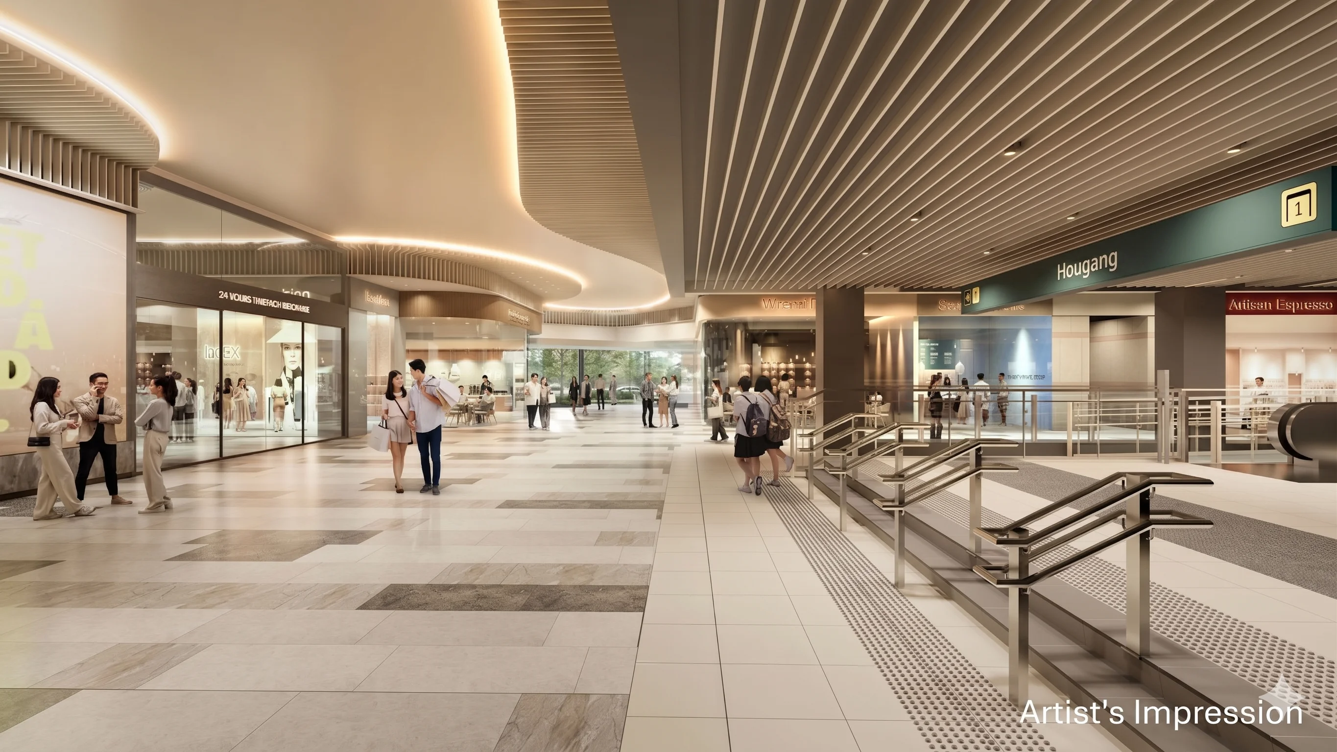 Hougang Central Residences — retail concourse of the integrated mall connecting directly to Hougang MRT station (NE14)