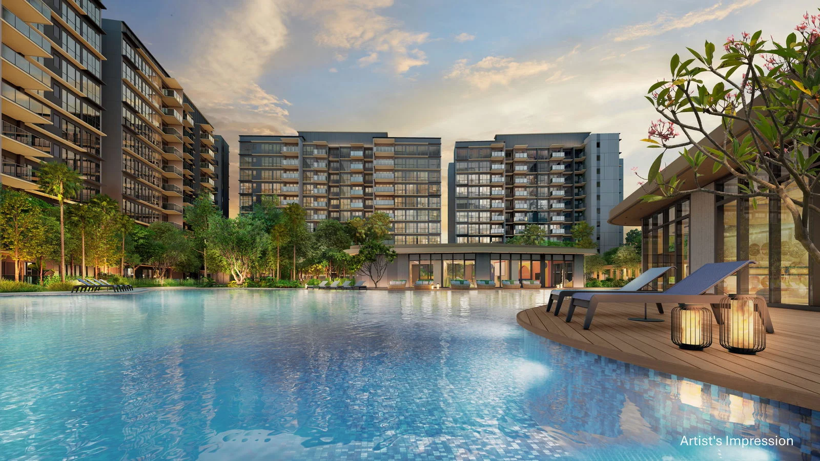 Hougang Central Residences — resort-style pool deck and residential blocks at dusk, Hougang Avenue 10, District 19