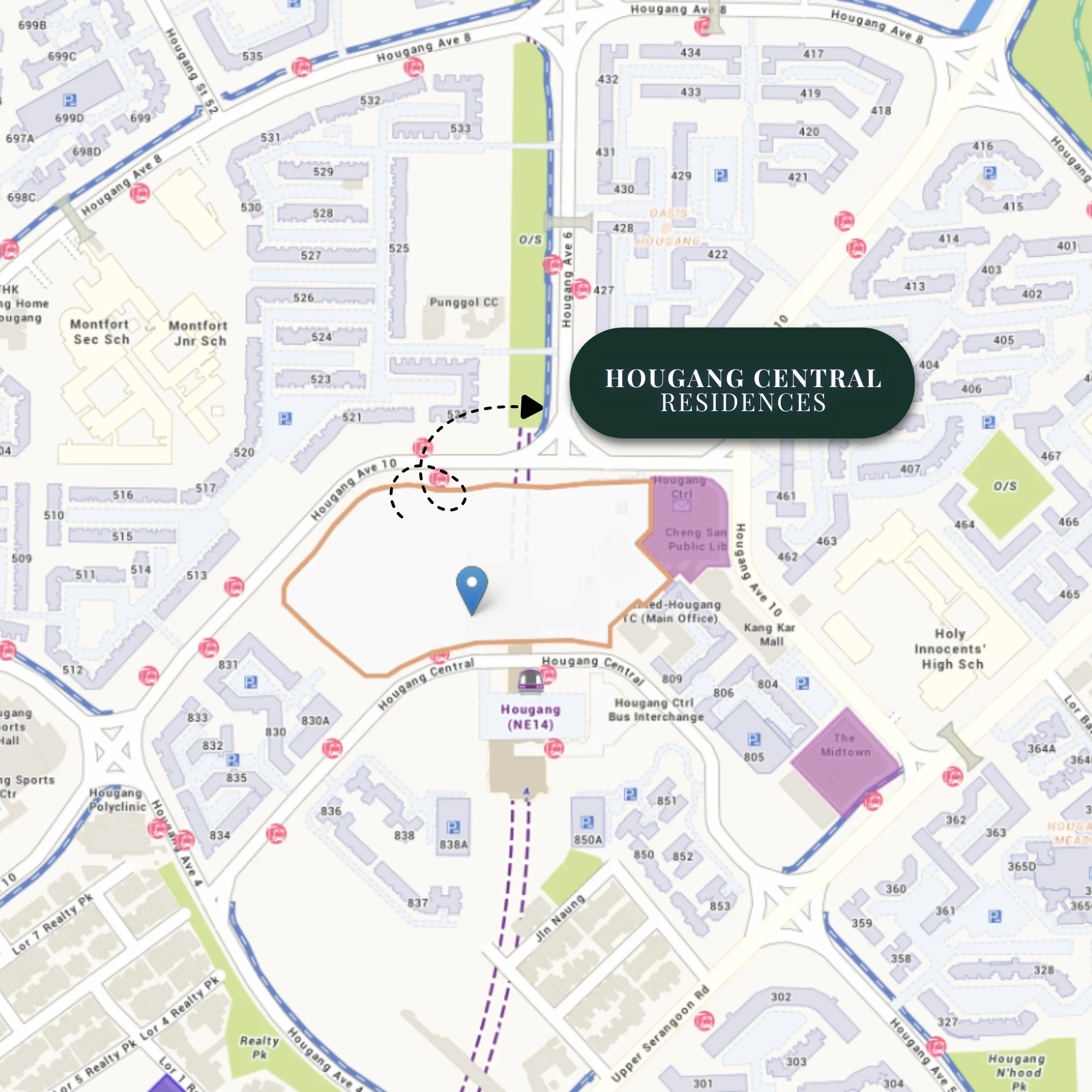 Location map of Hougang Central Residences — the site outlined between Hougang Avenue 10 and Hougang Central, adjoining Hougang MRT (NE14) and Hougang Central Bus Interchange, with Cheng San Public Library, Kang Kar Mall, The Midtown, Holy Innocents' High School, Montfort Junior and Secondary Schools, Punggol Community Club and Hougang Polyclinic nearby