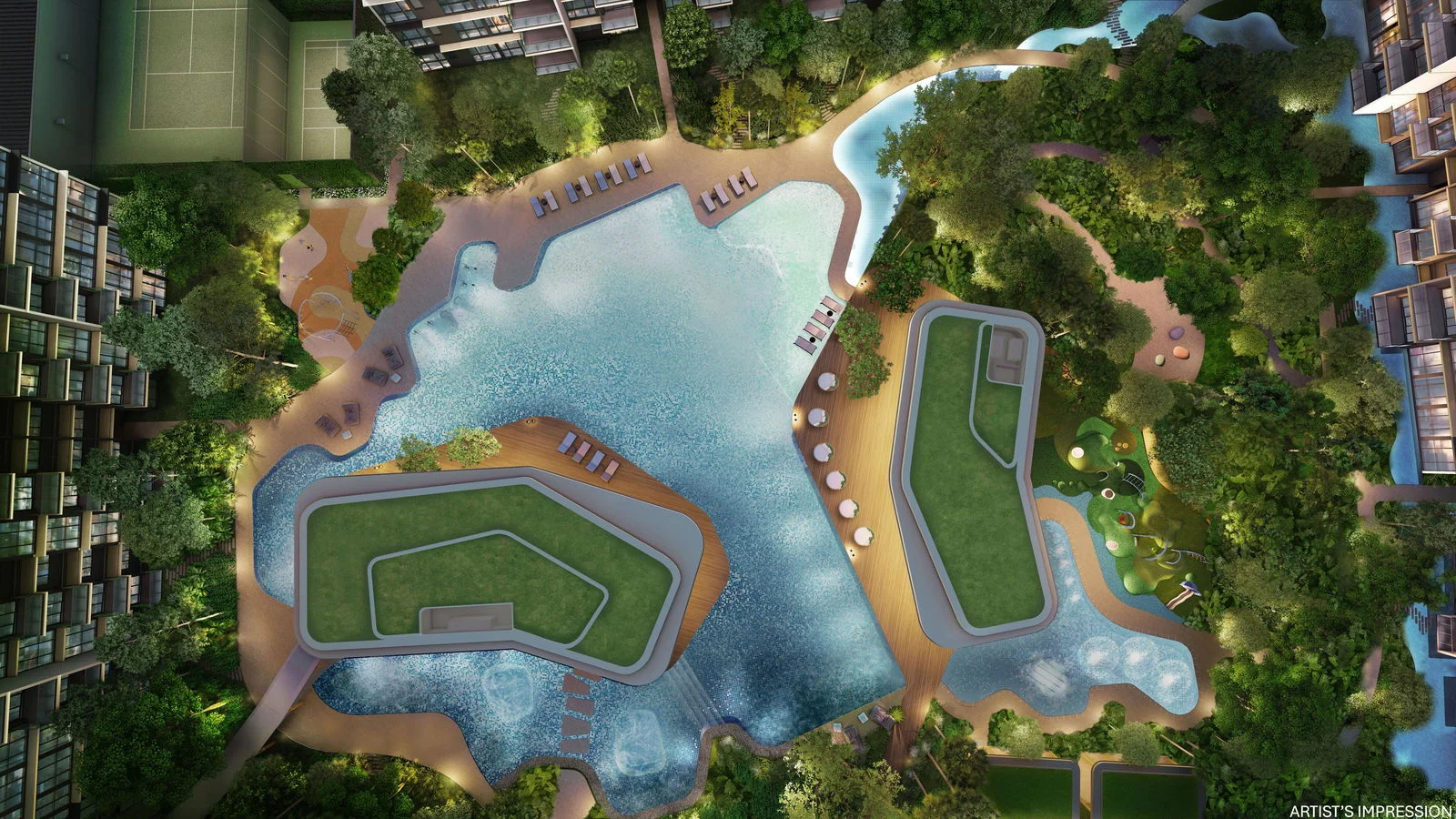 Hougang Central Residences site plan concept — aerial view of the landscaped pool deck, lawns and play areas between residential blocks